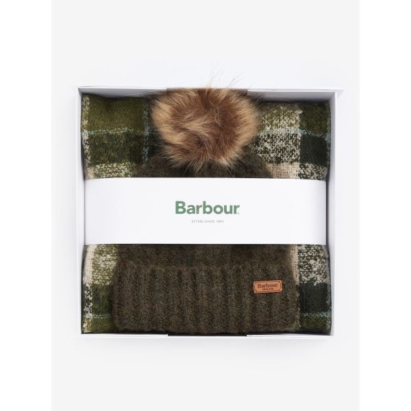 Barbour Saltburn Beanie And Tartan Scarf Gift Set Ancient Loden