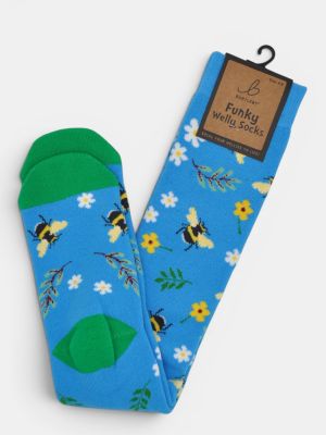 Bartleby Ladies Funky Welly Socks Floral Bee Blue