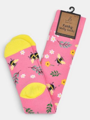 Bartleby Ladies Funky Welly Socks Floral Bee Pink