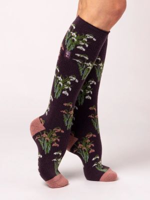 Heat Holders RHS Lite 1.6 TOG Welly Socks Mulberry Snowdrops