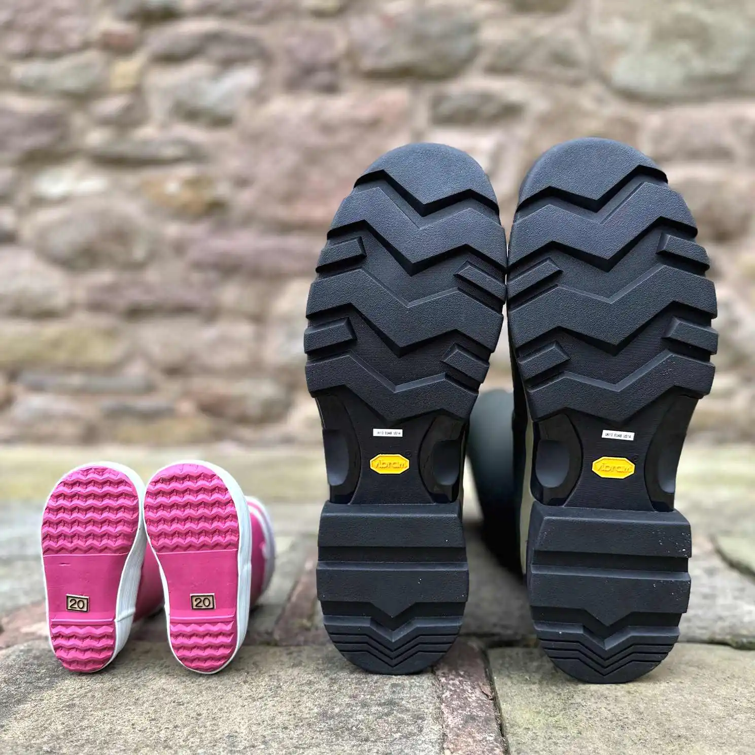 Different sizes of wellington boots for men, women and children